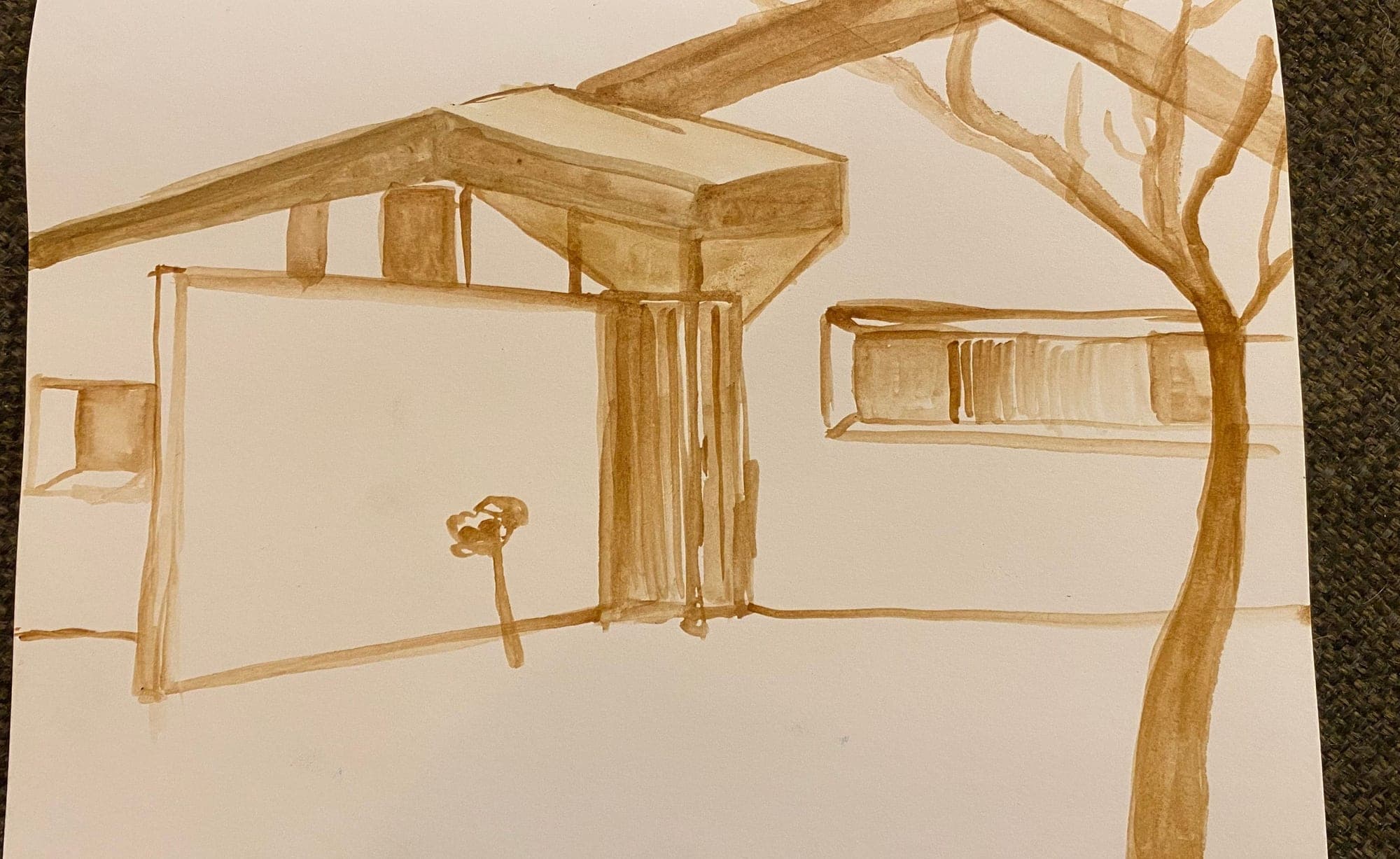 House and Tree (Sepia) — Watercolour on paper by Maya Kimche Simon